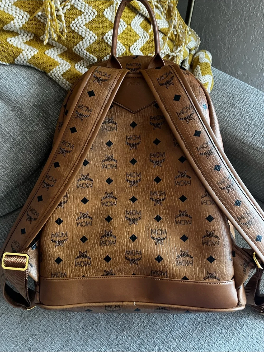 MCM Cognac Logo Visetos Backpack with Gold Hardware